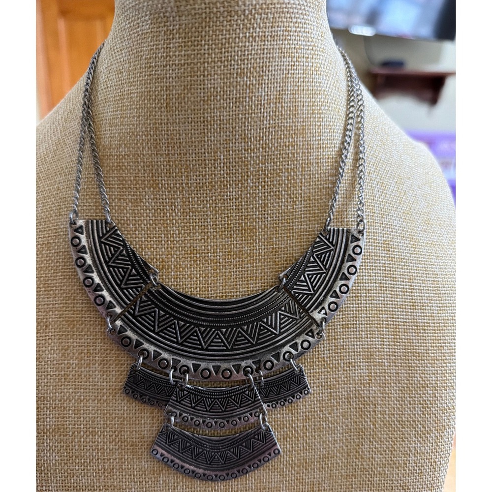 Bohemian Antiqued Silver Geometric Etched Tiered Tribal Statement Bib Necklace